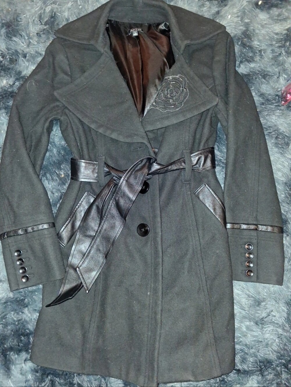 Apt. 9 Black Belted Wool-Blend Pea Coat with Faux-Leather Trim